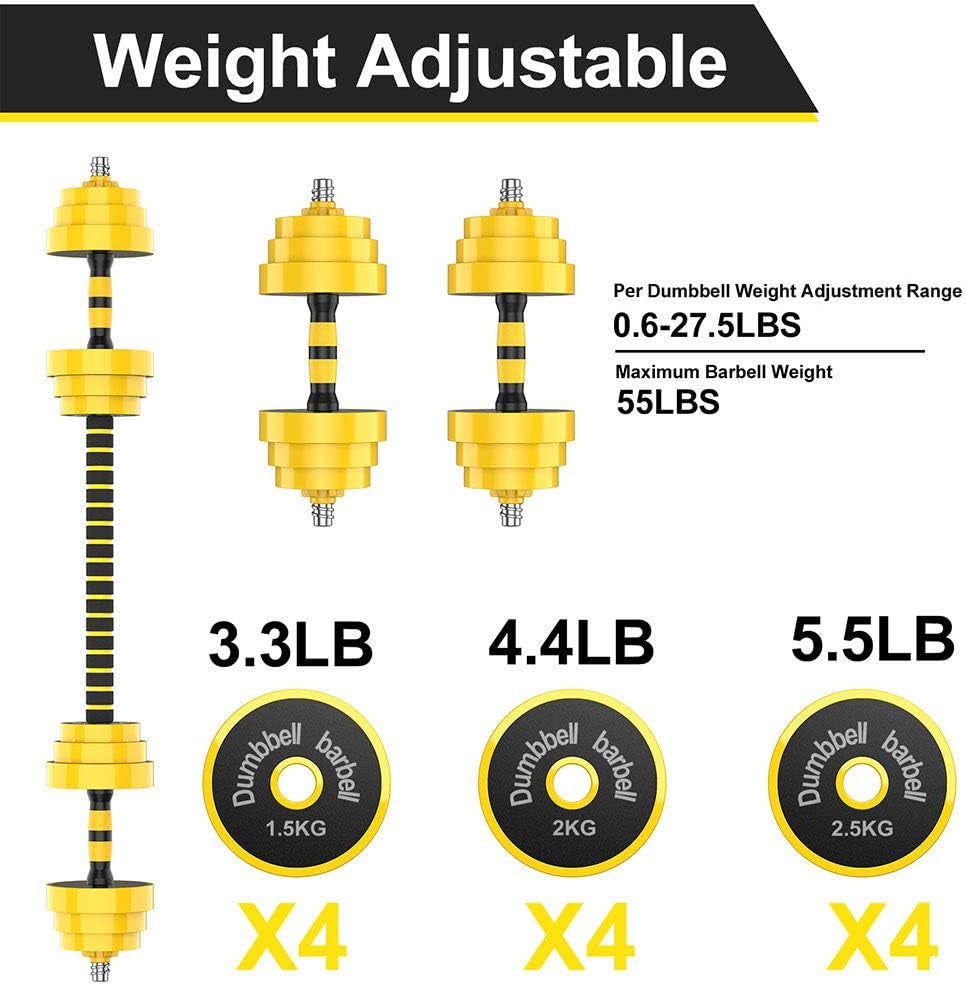 Adjustable Dumbbell Barbell, Free Weights 2-In-1 Dumbbell Barbell Set, Non-Slip Hand Dumbbell for Home, Gym, Office (Barbell 55LB or 27.5LB Dumbbell Pair)